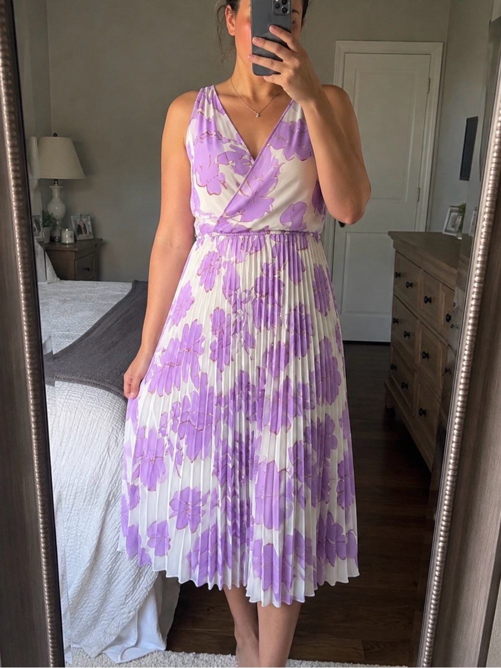 Sleeveless Lavender Floral Pleated Midi Dress - V-Neck Wrap